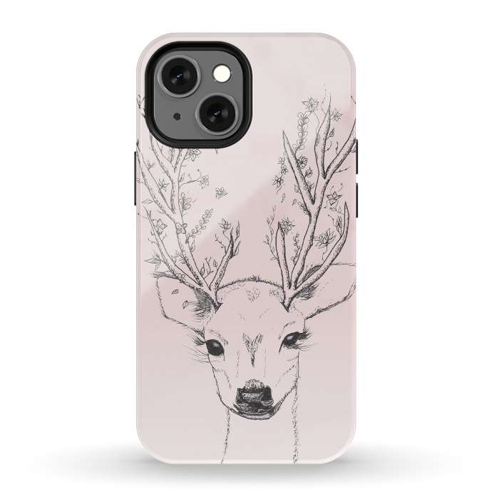 iPhone 13 mini StrongFit Cute Handdrawn Floral Deer Antlers Pink by Girly Trend