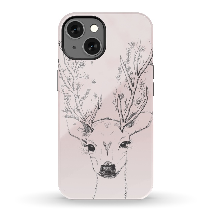iPhone 13 StrongFit Cute Handdrawn Floral Deer Antlers Pink by Girly Trend