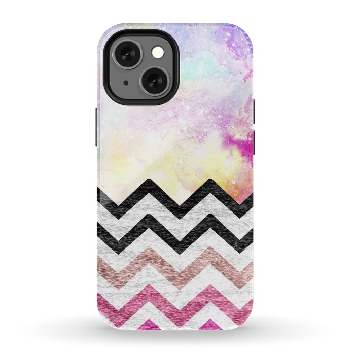 iPhone 13 mini StrongFit SC Watercolor Nebula Space Pink ombre Wood Chevron by Girly Trend
