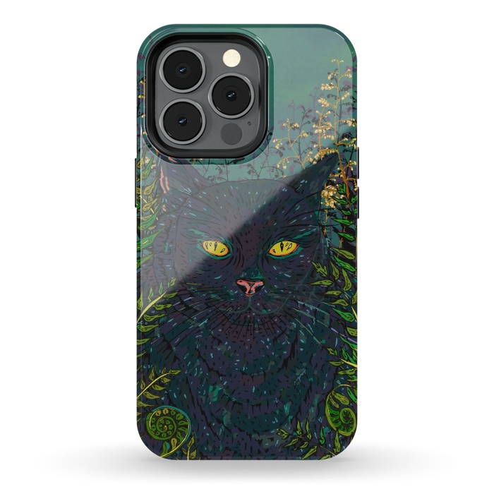 iPhone 13 pro StrongFit Black Cat in Ferns by Lotti Brown