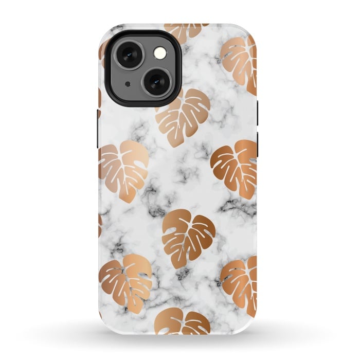 iPhone 13 mini StrongFit Golden Monstera on Marble Pattern 048 by Jelena Obradovic