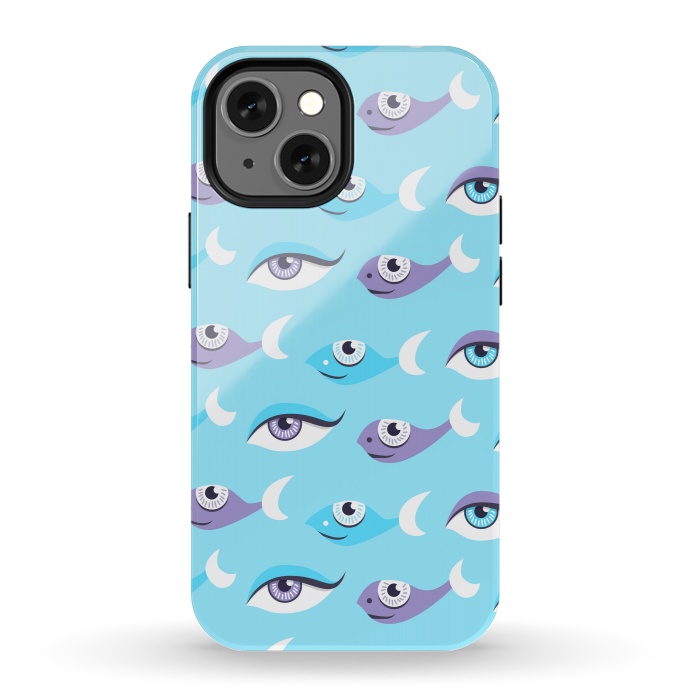 iPhone 13 mini StrongFit Pattern of purple and blue eyes and fish in sea by Boriana Giormova