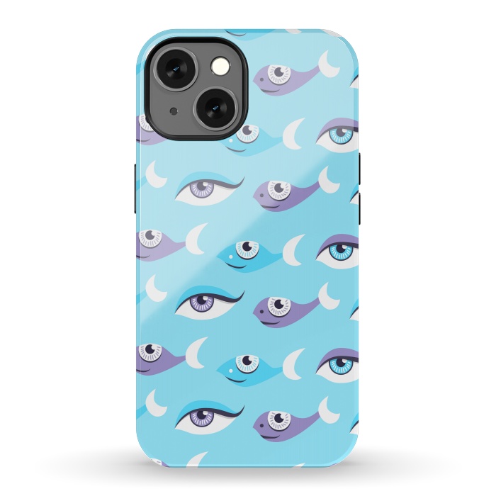 iPhone 13 StrongFit Pattern of purple and blue eyes and fish in sea by Boriana Giormova