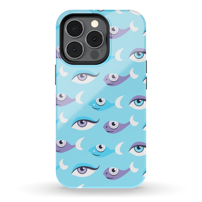 iPhone 13 pro StrongFit Pattern of purple and blue eyes and fish in sea by Boriana Giormova