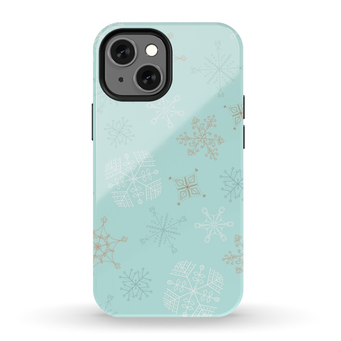 iPhone 13 mini StrongFit Wintery Gold Snowflakes on Blue by Paula Ohreen