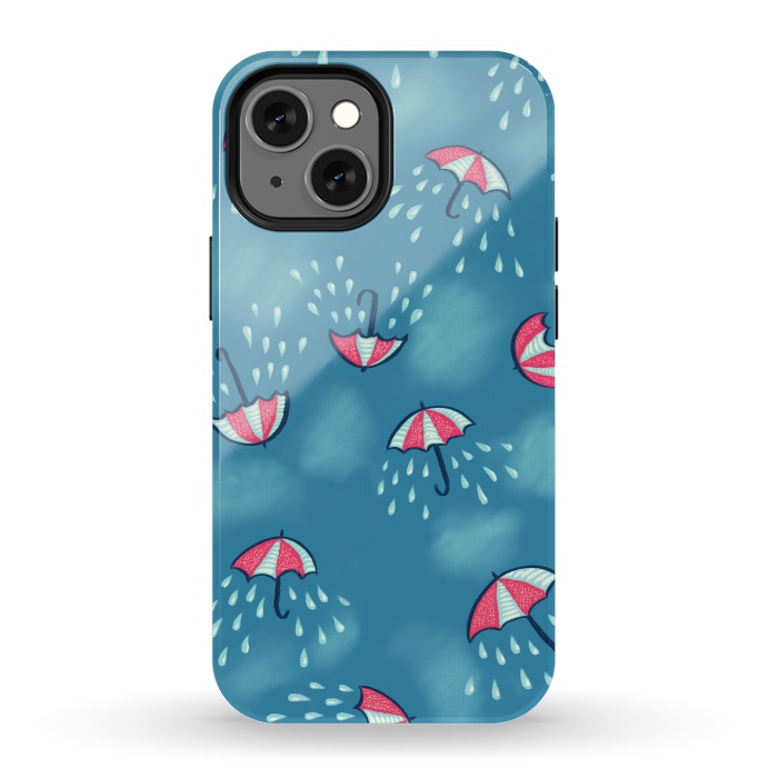 iPhone 13 mini StrongFit Fun Raining Cartoon Umbrella Pattern by Boriana Giormova