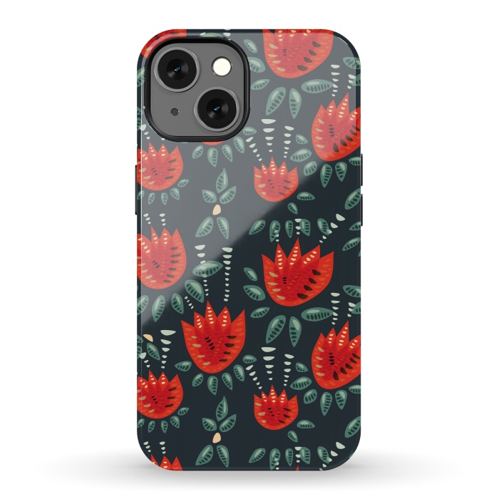 iPhone 13 StrongFit Red Tulips Dark Floral Pattern by Boriana Giormova