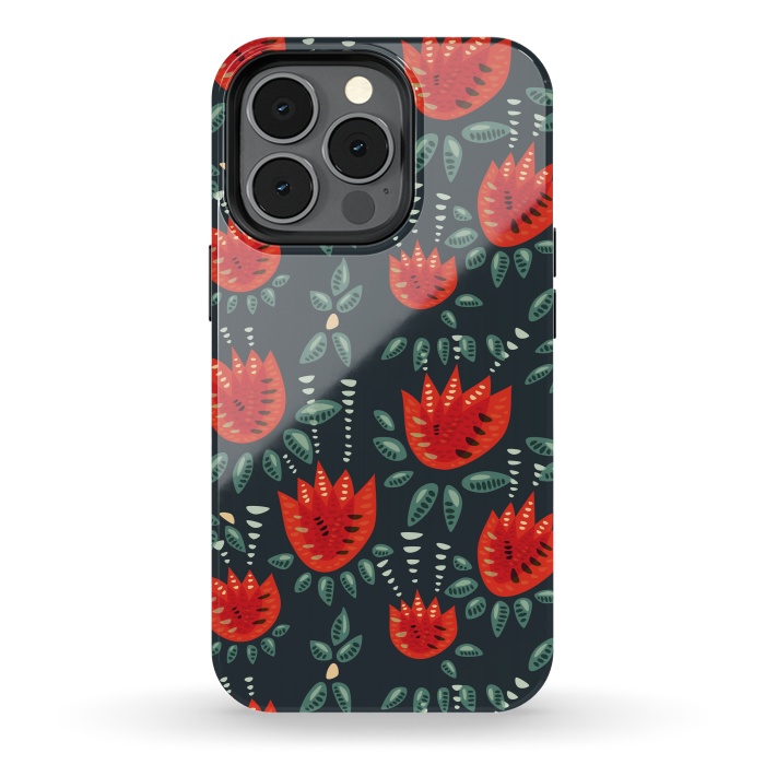 iPhone 13 pro StrongFit Red Tulips Dark Floral Pattern by Boriana Giormova