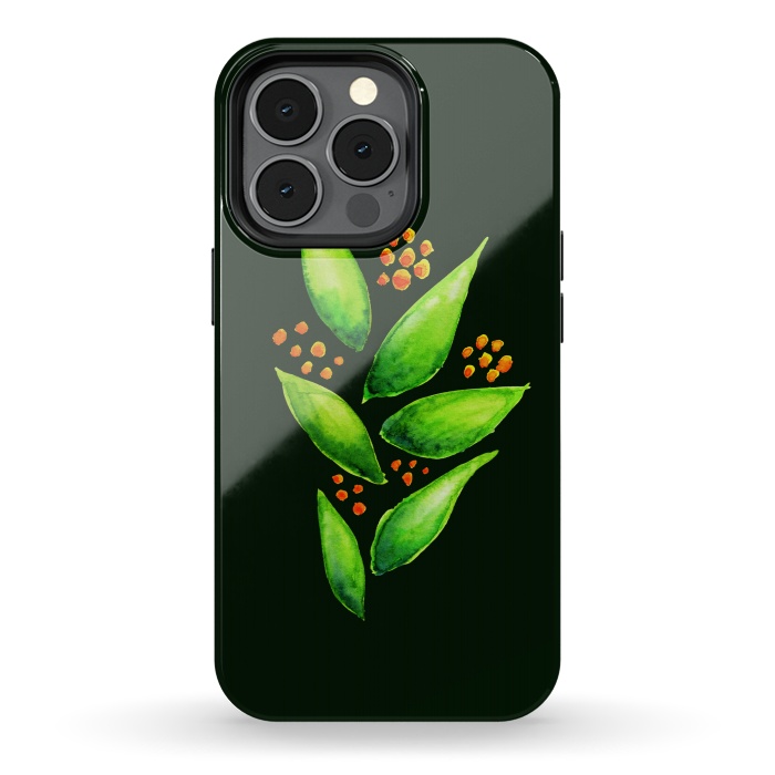 iPhone 13 pro StrongFit Abstract watercolor green plant with orange berries by Boriana Giormova