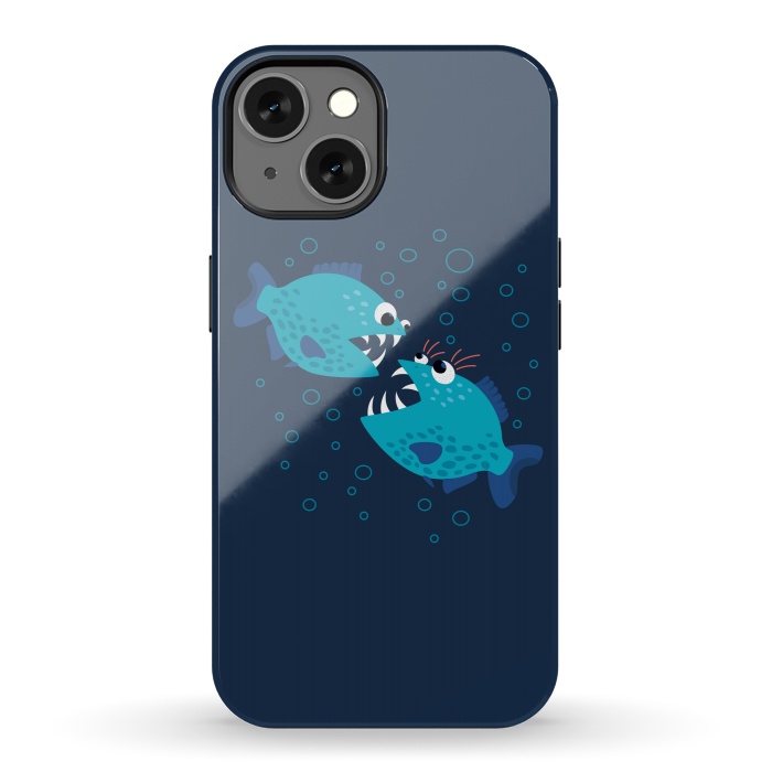 iPhone 13 StrongFit Gossiping Blue Cartoon Piranha Fish by Boriana Giormova