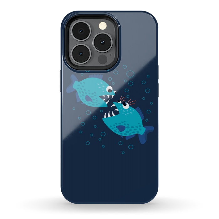iPhone 13 pro StrongFit Gossiping Blue Cartoon Piranha Fish by Boriana Giormova