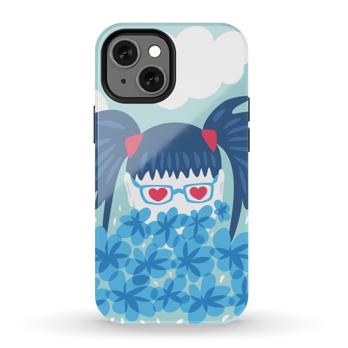 iPhone 13 mini StrongFit Geek Girl Behind Blue Flowers Waiting For Spring by Boriana Giormova