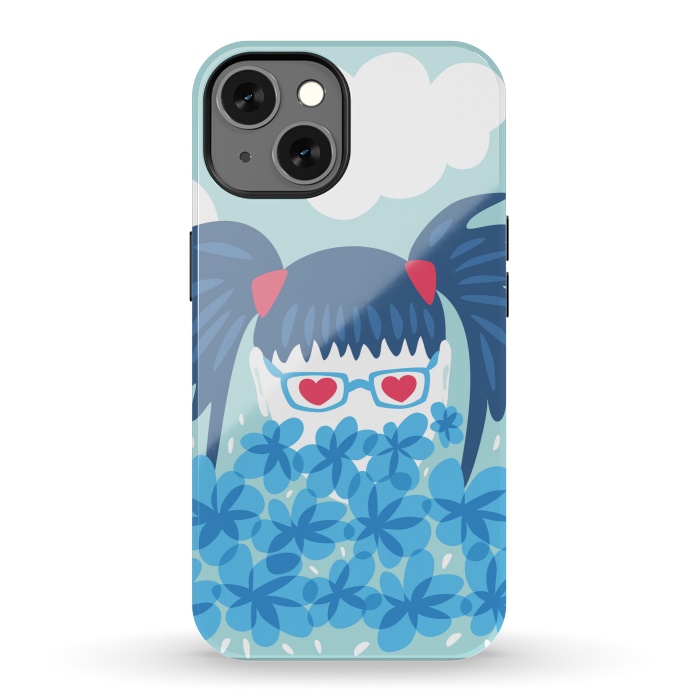 iPhone 13 StrongFit Geek Girl Behind Blue Flowers Waiting For Spring by Boriana Giormova