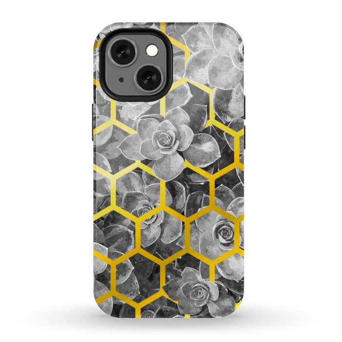 iPhone 13 mini StrongFit Black and White Succulent Gold Geometric by Alemi