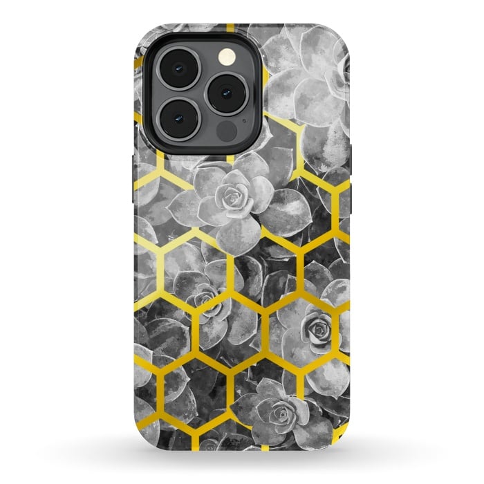 iPhone 13 pro StrongFit Black and White Succulent Gold Geometric by Alemi