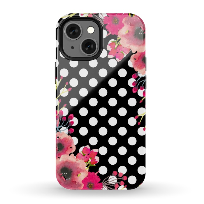 iPhone 13 mini StrongFit Black Polka Dots and Flowers by Alemi
