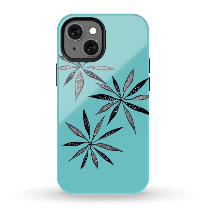 iPhone 13 mini StrongFit Elegant Thin Flowers With Dots And Swirls On Blue by Boriana Giormova