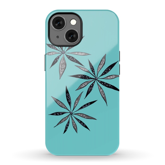 iPhone 13 StrongFit Elegant Thin Flowers With Dots And Swirls On Blue by Boriana Giormova