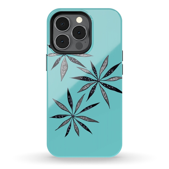 iPhone 13 pro StrongFit Elegant Thin Flowers With Dots And Swirls On Blue by Boriana Giormova