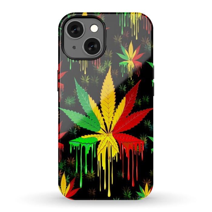 iPhone 13 StrongFit Marijuana Leaf Rasta Colors Dripping Paint by BluedarkArt
