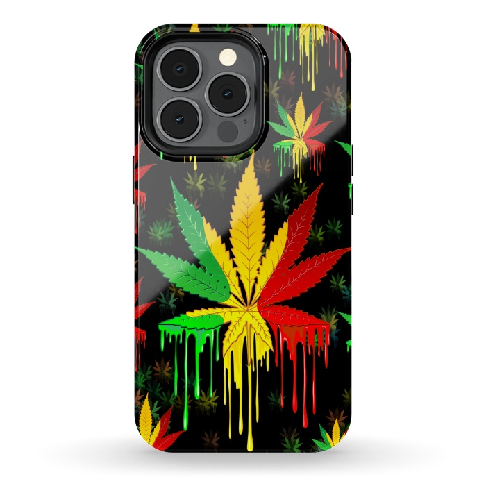iPhone 13 pro StrongFit Marijuana Leaf Rasta Colors Dripping Paint by BluedarkArt