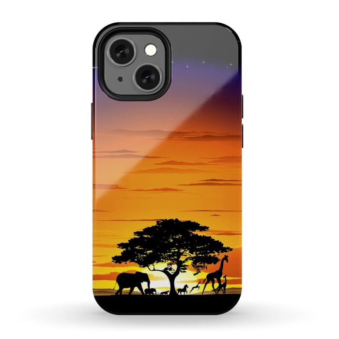 iPhone 13 mini StrongFit Wild Animals on African Savanna Sunset  by BluedarkArt