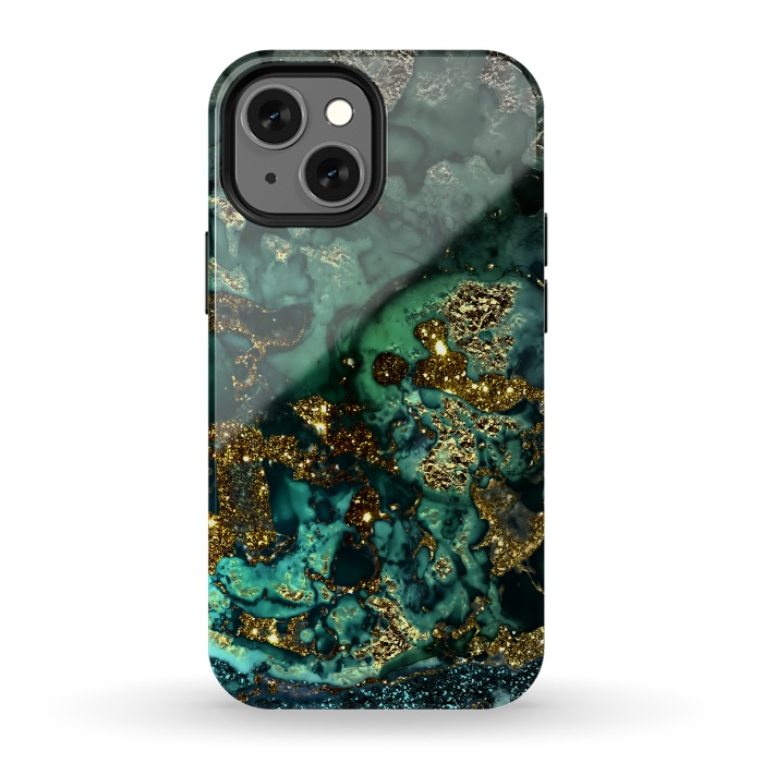 iPhone 13 mini StrongFit Indigo Green and Gold Glitter Ink Marble by  Utart