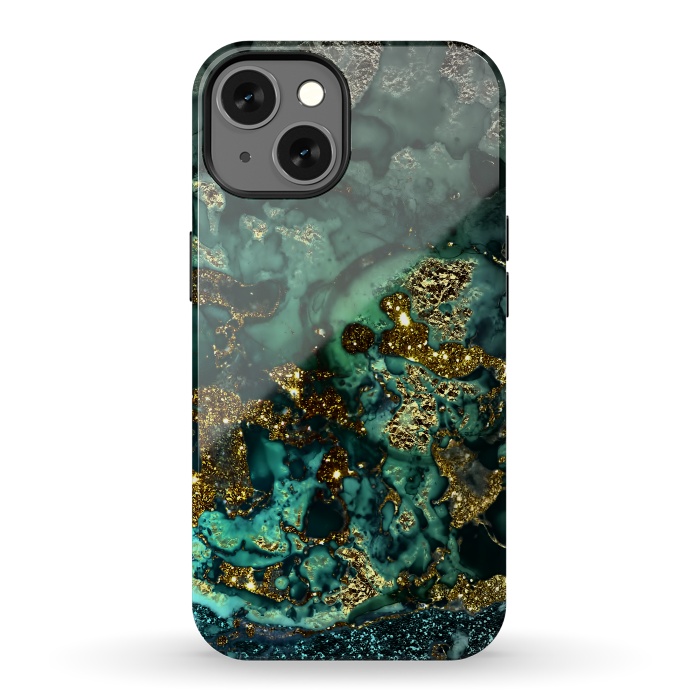 iPhone 13 StrongFit Indigo Green and Gold Glitter Ink Marble by  Utart