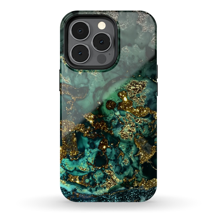 iPhone 13 pro StrongFit Indigo Green and Gold Glitter Ink Marble by  Utart