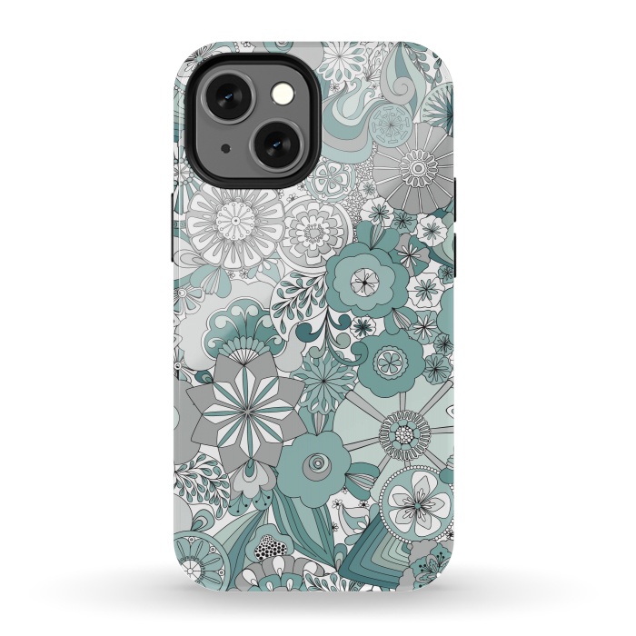 iPhone 13 mini StrongFit Flowers, Flowers Everywhere Teal and Gray by Paula Ohreen