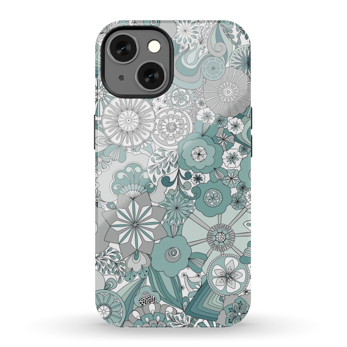 iPhone 13 StrongFit Flowers, Flowers Everywhere Teal and Gray by Paula Ohreen