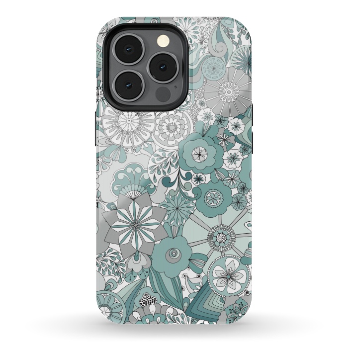 iPhone 13 pro StrongFit Flowers, Flowers Everywhere Teal and Gray by Paula Ohreen