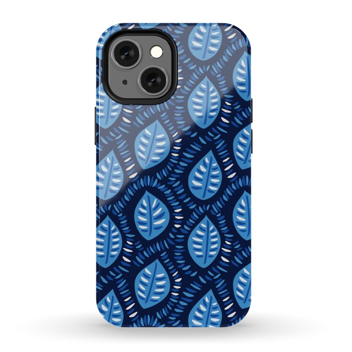 iPhone 13 mini StrongFit Blue Decorative Geometric Leaves Pattern by Boriana Giormova