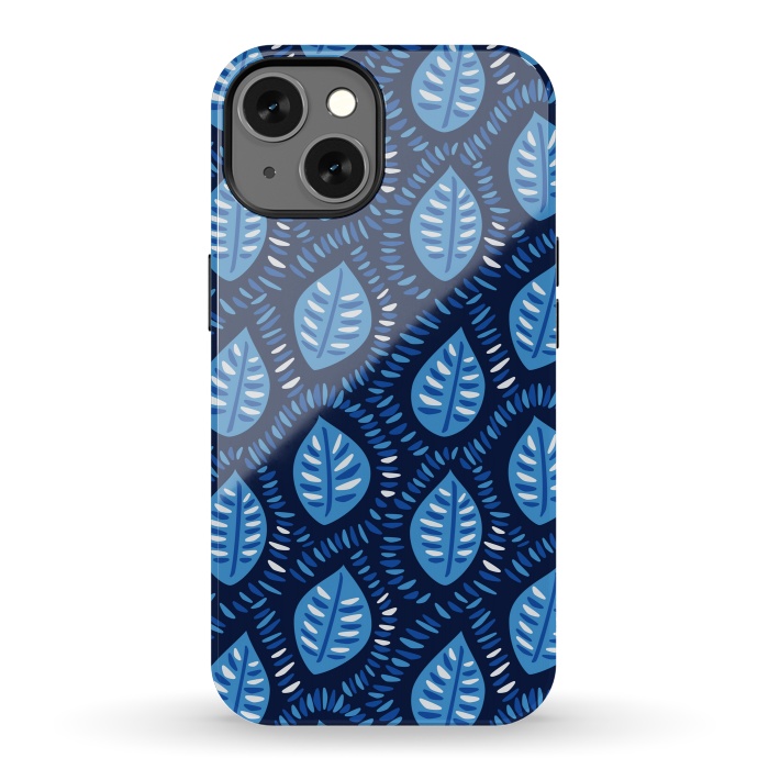 iPhone 13 StrongFit Blue Decorative Geometric Leaves Pattern by Boriana Giormova