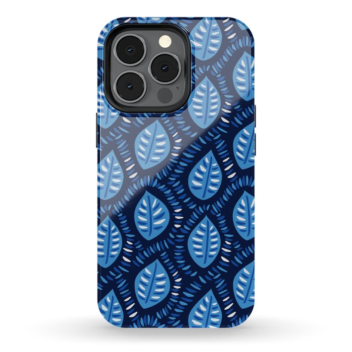 iPhone 13 pro StrongFit Blue Decorative Geometric Leaves Pattern by Boriana Giormova