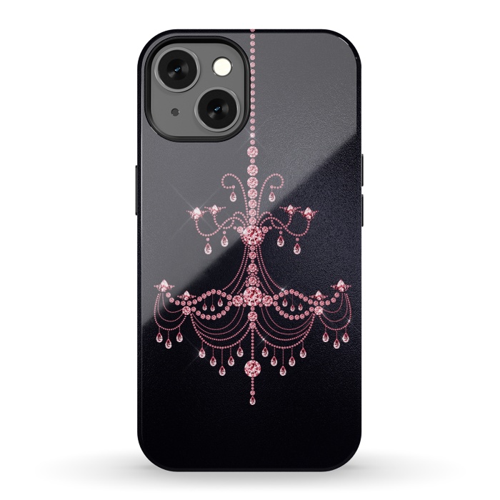 iPhone 13 StrongFit Pink sparkling chandelier on metal black  by  Utart