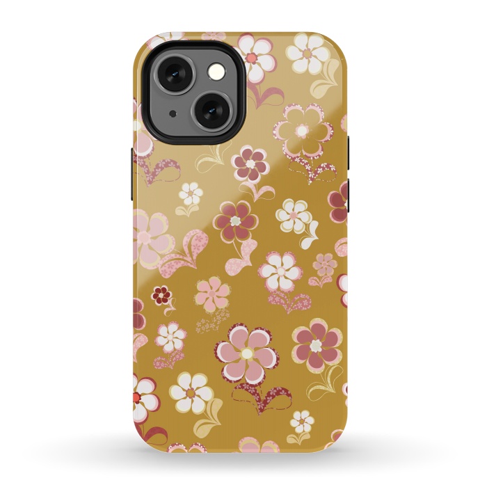 iPhone 13 mini StrongFit 60s Flowers in Mustard and Pink by Paula Ohreen
