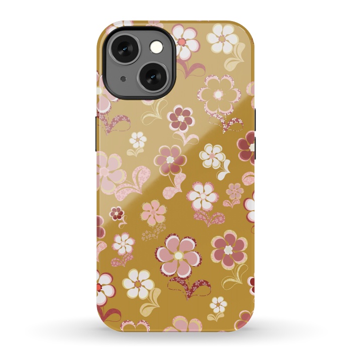 iPhone 13 StrongFit 60s Flowers in Mustard and Pink by Paula Ohreen