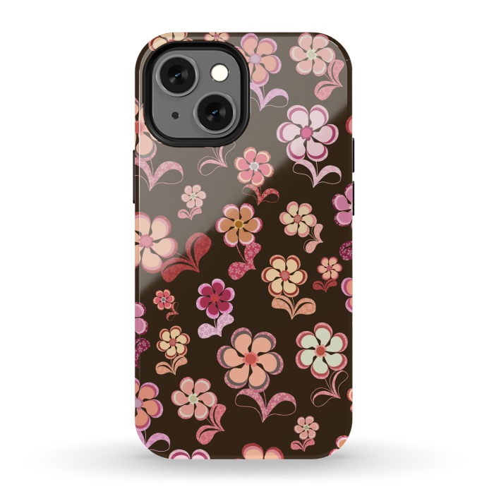 iPhone 13 mini StrongFit 60s Flowers on Chocolate Brown by Paula Ohreen
