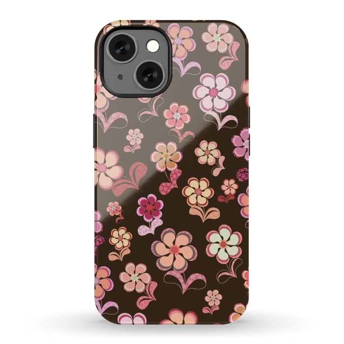 iPhone 13 StrongFit 60s Flowers on Chocolate Brown by Paula Ohreen