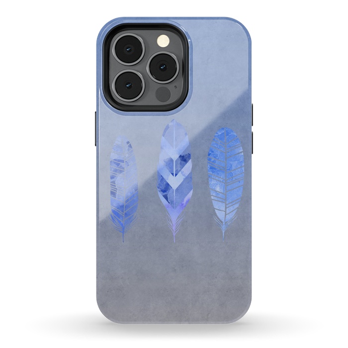 iPhone 13 pro StrongFit Blue Watercolor Feathers by Andrea Haase