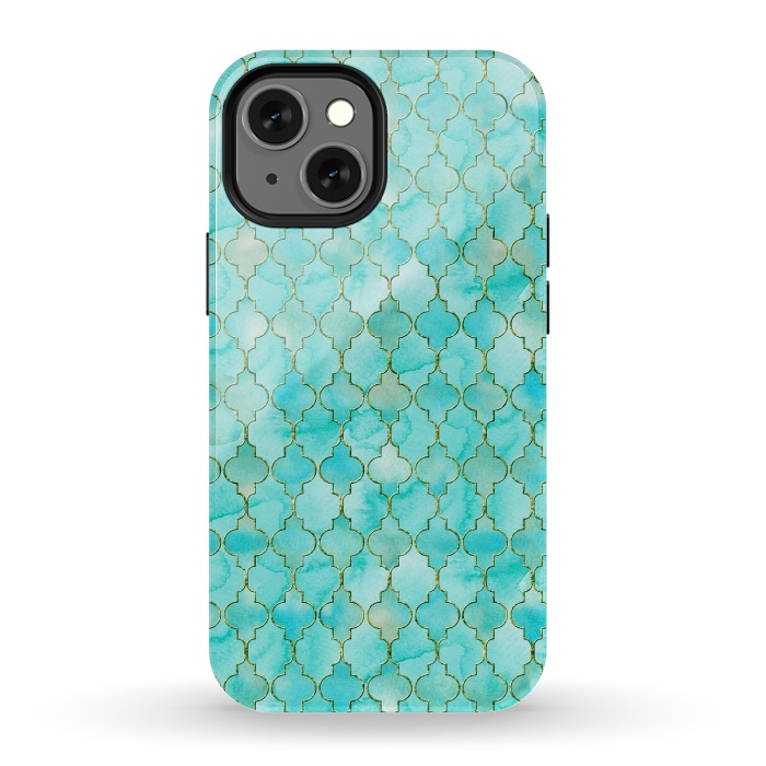 iPhone 13 mini StrongFit Multicolor Teal Blue Moroccan Shapes Pattern  by  Utart