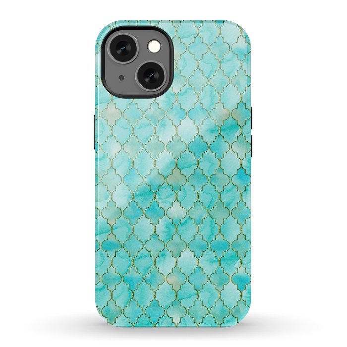 iPhone 13 StrongFit Multicolor Teal Blue Moroccan Shapes Pattern  by  Utart