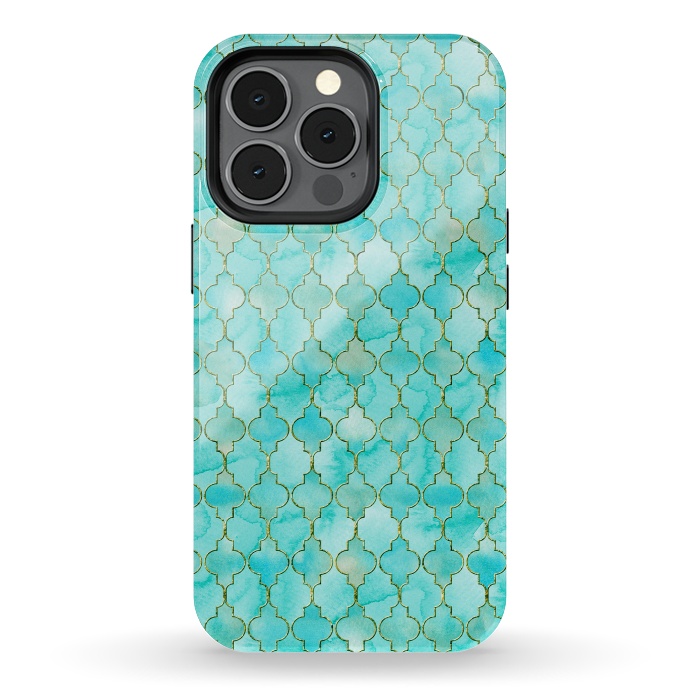 iPhone 13 pro StrongFit Multicolor Teal Blue Moroccan Shapes Pattern  by  Utart
