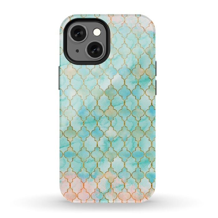 iPhone 13 mini StrongFit Multicolor Teal Pink Moroccan Shapes Pattern  by  Utart