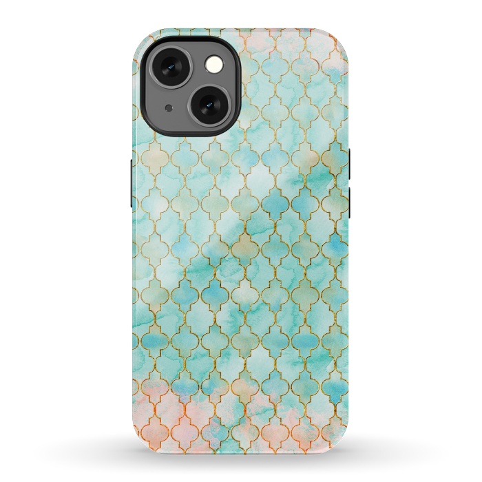 iPhone 13 StrongFit Multicolor Teal Pink Moroccan Shapes Pattern  by  Utart