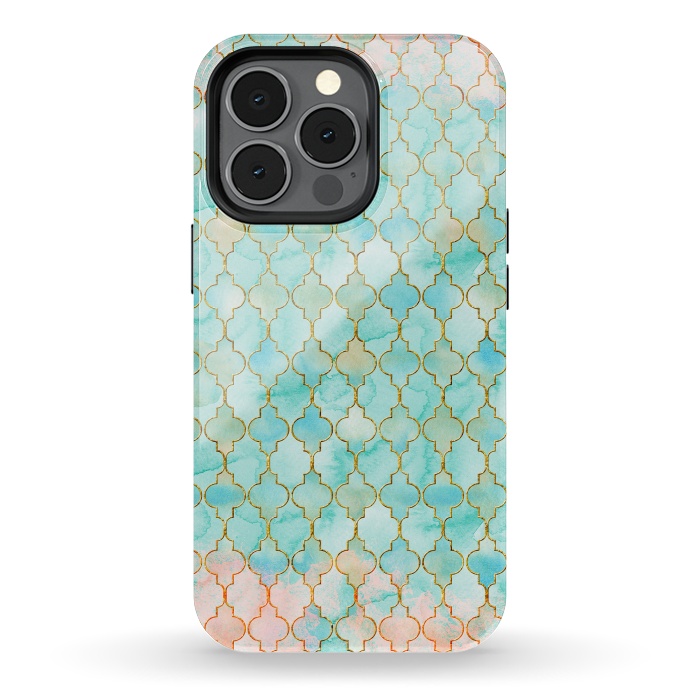 iPhone 13 pro StrongFit Multicolor Teal Pink Moroccan Shapes Pattern  by  Utart