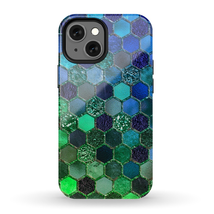 iPhone 13 mini StrongFit Green and Blue Metalic Honeycomb Pattern by  Utart