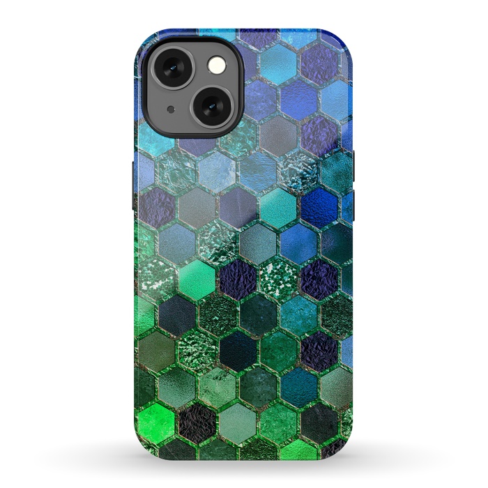 iPhone 13 StrongFit Green and Blue Metalic Honeycomb Pattern by  Utart