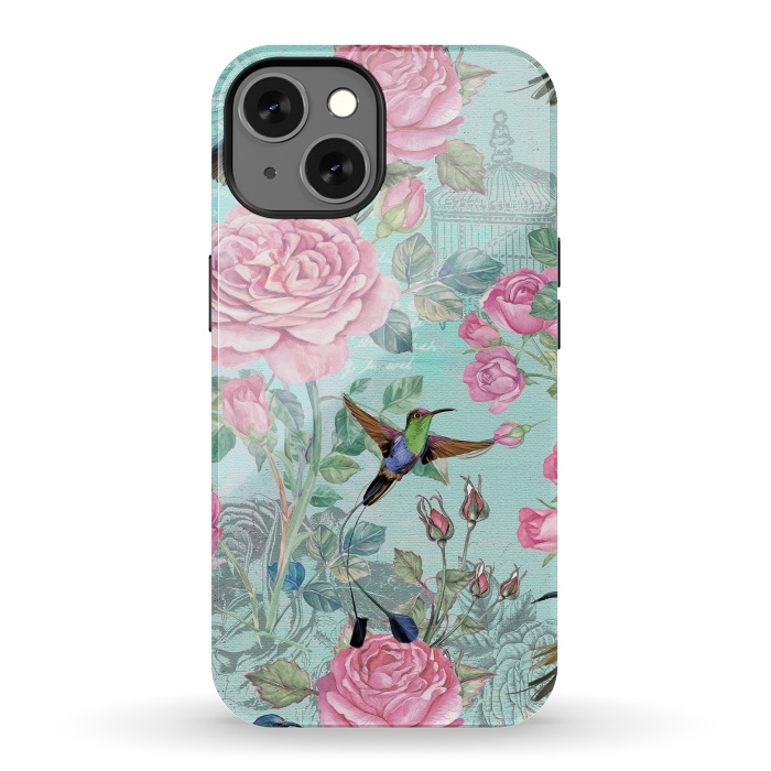 iPhone 13 StrongFit Vintage Roses and Hummingbirds by  Utart